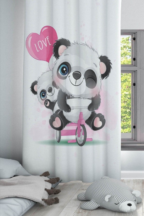 Pembe Love Bisikletli Panda Desenli Dekoratif Çocuk Ve Bebek Odası Fon Perde Pembe Love Bisikletli Panda Desenli Dekoratif Çocuk Ve Bebek Odası Fon Perde