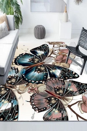 Kahve Kelebekli Desenli Modern Kaymaz Yıkanabilir Mutfak Salon Halısı