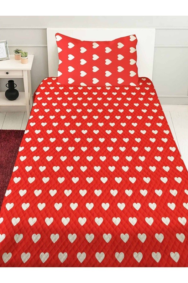Kirmizi Kalpli Desenli Tek Kişilik Yastıklı Baskılı Yatak Örtüsü Pike Takımı 160x220cm