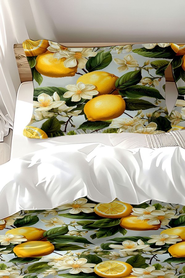 Yeşil Yapraklı Limonlu Desenli Baskılı Pamuk Saten Çift Kişilik Nevresim Takımı