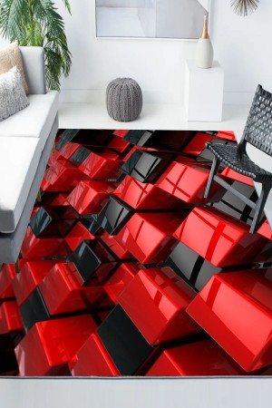 Kırmızı Siyah Kutular Desenli Modern Kaymaz Yıkanabilir Mutfak Salon Halısı