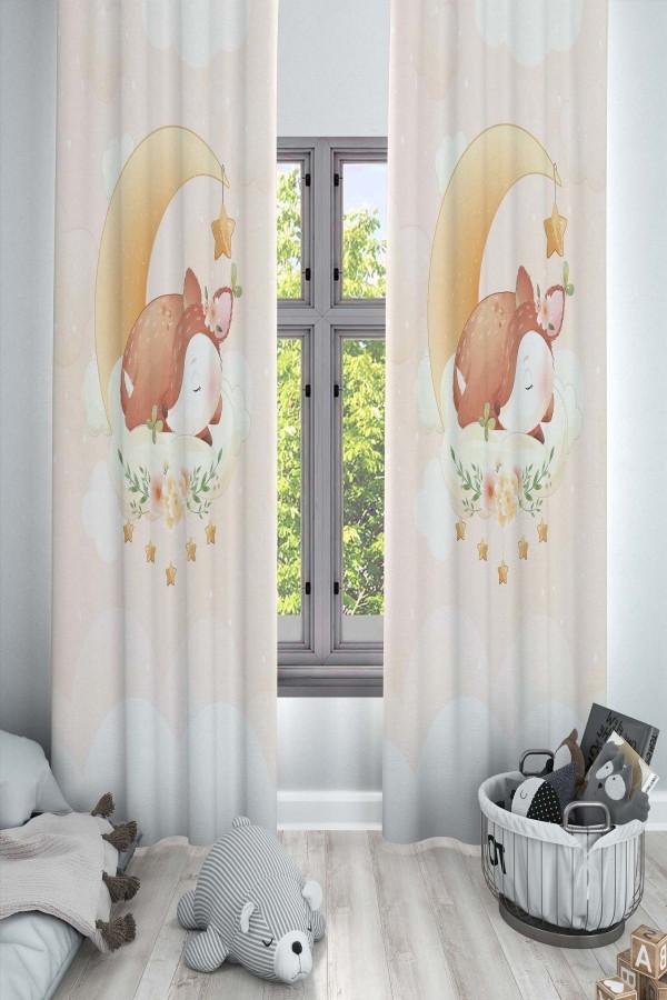 Ay Yıldız Uyuyan Ceylan Desenli Dekoratif Çocuk Ve Bebek Odası Fon Perde Ay Yıldız Uyuyan Ceylan Desenli Dekoratif Çocuk Ve Bebek Odası Fon Perde