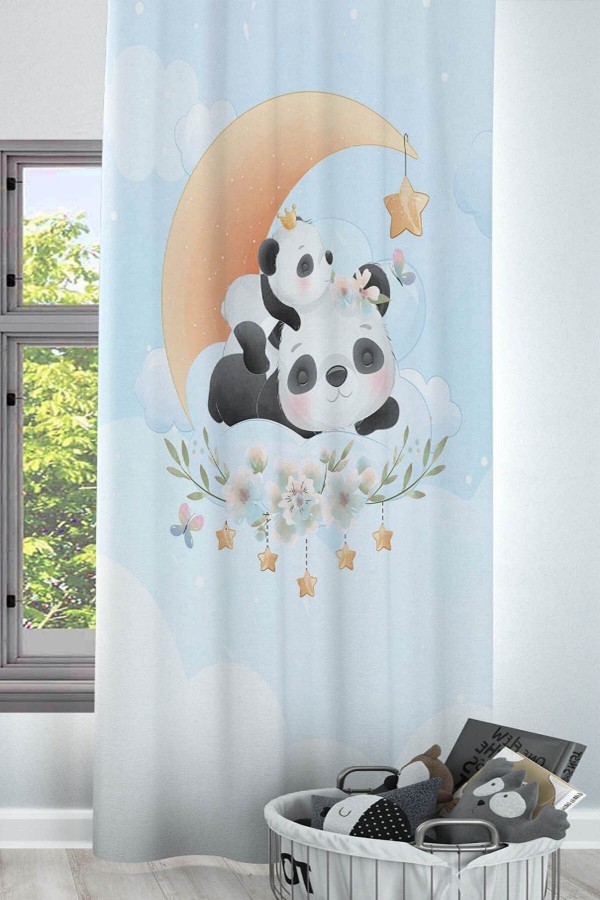 Uykucu Panda Ayılı Ay Yıldız Desenli Dekoratif Çocuk Ve Bebek Odası Fon Perde Uykucu Panda Ayılı Ay Yıldız Desenli Dekoratif Çocuk Ve Bebek Odası Fon Perde