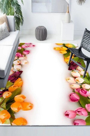 Sarı Pembe Laleler Desenli Modern Kaymaz Yıkanabilir Mutfak Salon Halısı