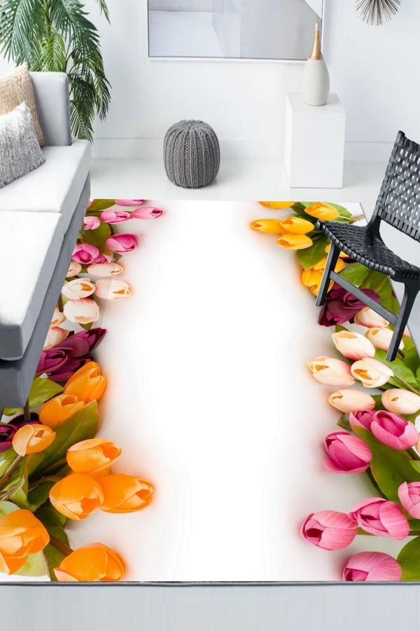 Sarı Pembe Laleler Desenli Modern Kaymaz Yıkanabilir Mutfak Salon Halısı