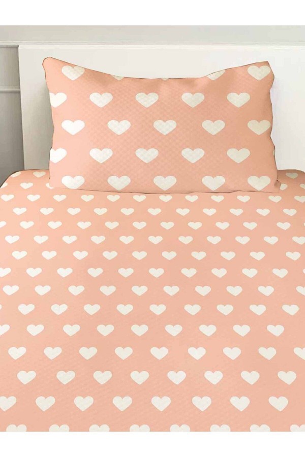 Pembe Kalpli Desenli Tek Kişilik Yastıklı Baskılı Yatak Örtüsü Pike Takımı 160x220cm