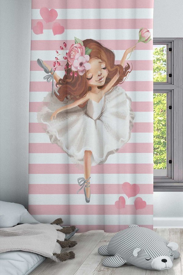 Pembe Beyaz Balerin Desenli Dekoratif Çocuk Ve Bebek Odası Fon Perde Pembe Beyaz Balerin Desenli Dekoratif Çocuk Ve Bebek Odası Fon Perde