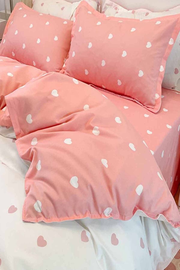 Pembe Kalpli Çift Taraflı Pamuk Saten Tek Kişilik Nevresim Takımı