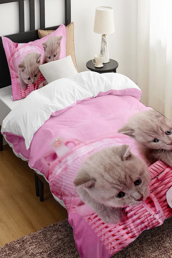 Pembe Sevimki Kediler Desenli Baskılı Pamuk Saten Çocuk ve Tek Kişilik Nevresim Takımı
