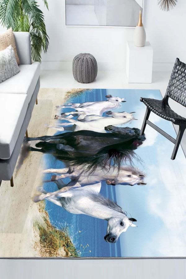 Kumsal Koşan Atlar Desenli Modern Kaymaz Yıkanabilir Mutfak Salon Halısı