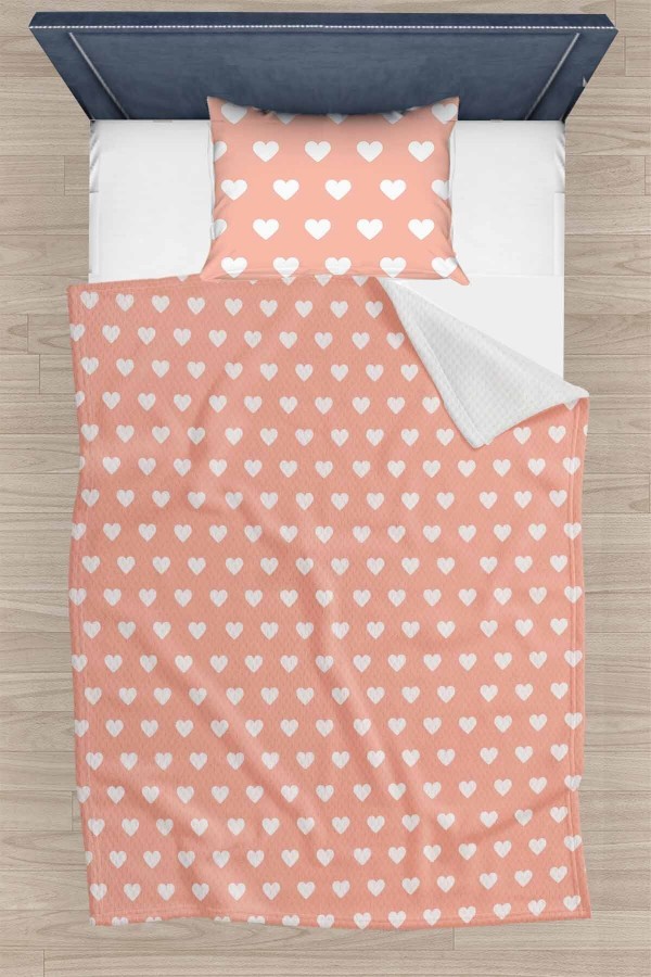 Pembe Kalpli Desenli Tek Kişilik Yastıklı Baskılı Yatak Örtüsü Pike Takımı 160x220cm