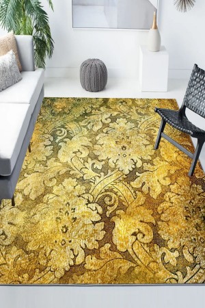 Sarı Vintage Osmanlı Desenli Modern Kaymaz Yıkanabilir Mutfak Salon Halısı