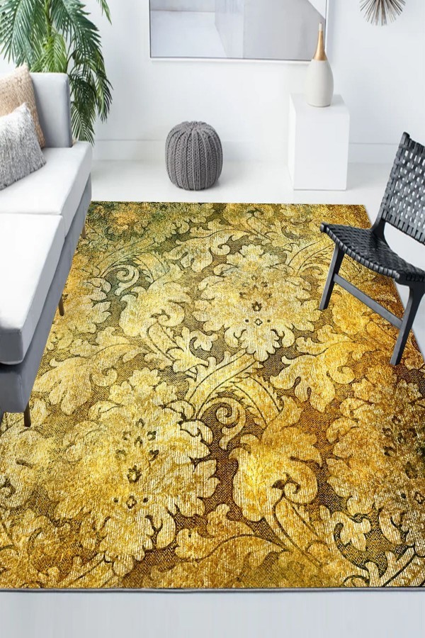 Sarı Vintage Osmanlı Desenli Modern Kaymaz Yıkanabilir Mutfak Salon Halısı