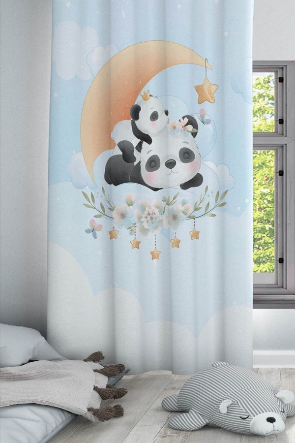 Uykucu Panda Ayılı Ay Yıldız Desenli Dekoratif Çocuk Ve Bebek Odası Fon Perde Uykucu Panda Ayılı Ay Yıldız Desenli Dekoratif Çocuk Ve Bebek Odası Fon Perde