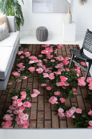Pembe Sarmaşık Güller Desenli Modern Kaymaz Yıkanabilir Mutfak Salon Halısı