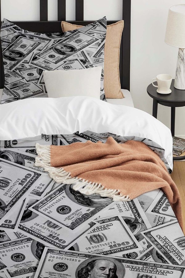 Para Dolar Desenli Baskılı Pamuk Saten Çocuk ve Tek Kişilik Nevresim Takımı