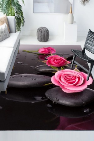 Spa Taşlı Pembe Gül Desenli Modern Kaymaz Yıkanabilir Mutfak Salon Halısı