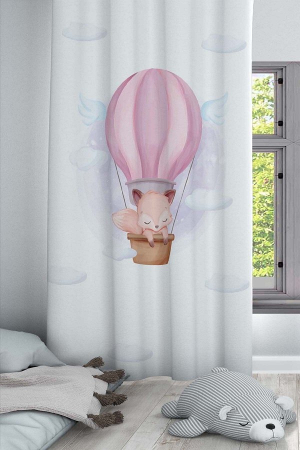 Pembe Uçan Balonlu Tilki Desenli Dekoratif Çocuk Ve Bebek Odası Fon Perde Pembe Uçan Balonlu Tilki Desenli Dekoratif Çocuk Ve Bebek Odası Fon Perde