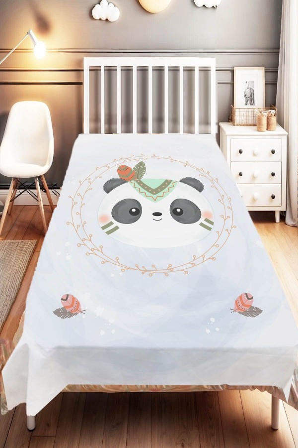 Mavi Gri Bohem Panda Desenli Çocuk Ve Bebek Odası Dekoratif Yatak Örtüsü Mavi Gri Bohem Panda Desenli Çocuk Ve Bebek Odası Dekoratif Yatak Örtüsü