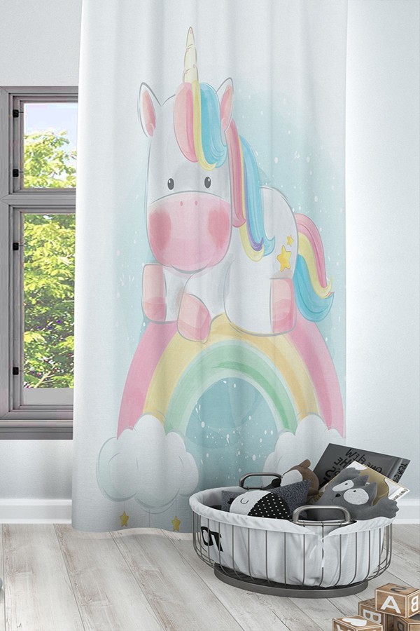 Renkli Gök Kuşağı Unicorn Desen Bebek Çocuk Odası Fon Perde Kırlent Kılıfı Hediyeli