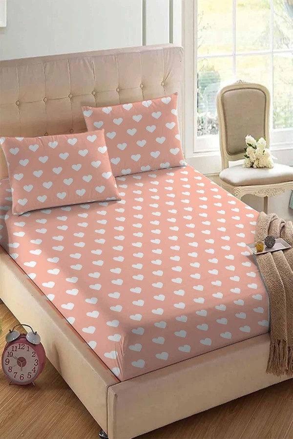 Else Pembe Beyaz Kalp Desenli Lastikli Çift Kişilik Lastikli .Yastıklı Çarşaf Takımı 160x200cm