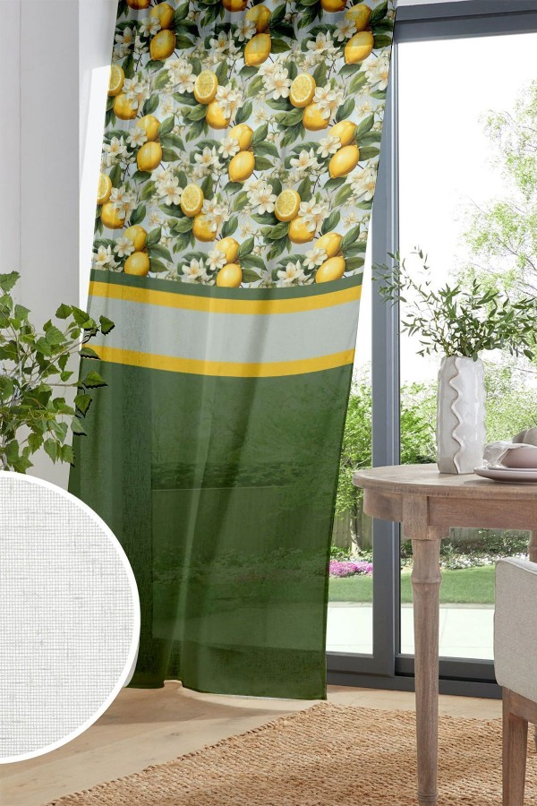 Yeşil Yapraklı Limonlu Desenli Baskılı Dekoratif Salon Mutfak Tül Perde 140x260cm