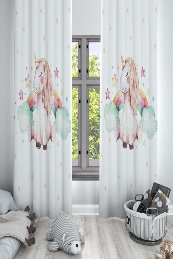 Unicorn Bulutlar Atlı Gök Kuşağı Desenli Dekoratif Çocuk Ve Bebek Odası Fon Perde Unicorn Bulutlar Atlı Gök Kuşağı Desenli Dekoratif Çocuk Ve Bebek Odası Fon Perde