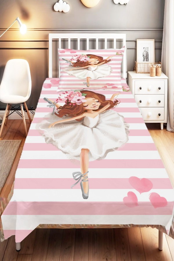 Pembe Beyaz Balerin Desenli Tek Kişilik Çocuk Ve Bebek Odası Dekoratif Yatak Örtüsü Pembe Beyaz Balerin Desenli Tek Kişilik Çocuk Ve Bebek Odası Dekoratif Yatak Örtüsü