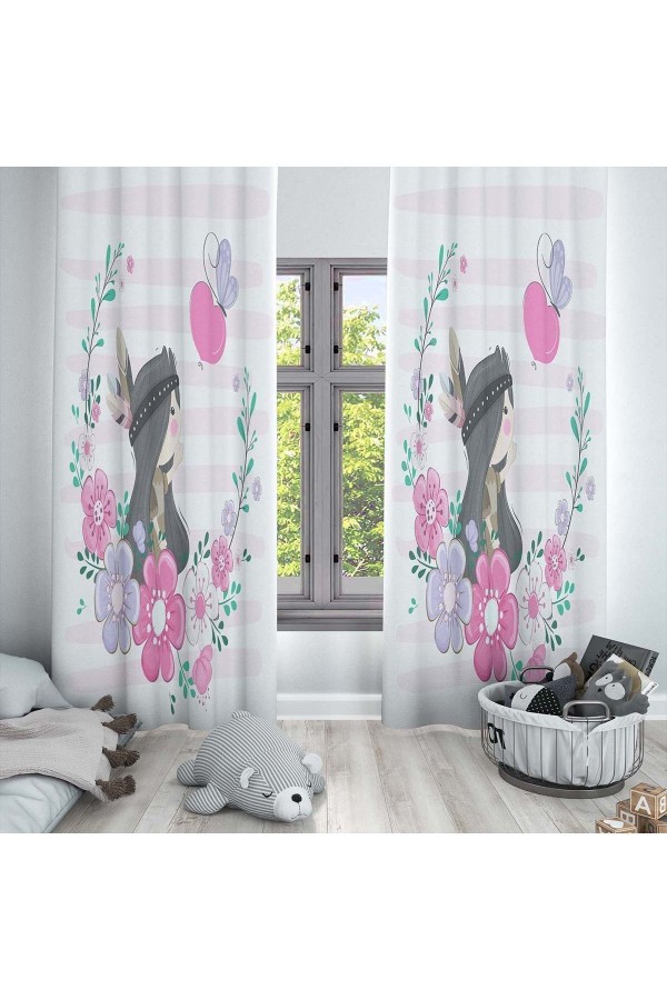 Kızılderili Kız Desenli Dekoratif Çocuk Ve Bebek Odası Fon Perde