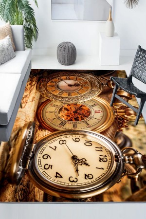 Vintage Retro Saat Desenli Modern Kaymaz Yıkanabilir Mutfak Salon Halısı