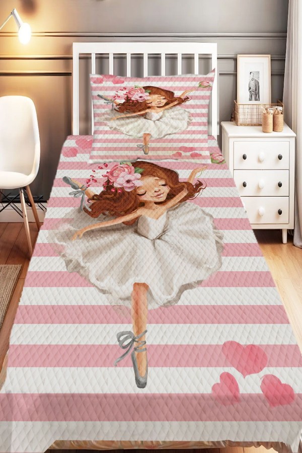 Pembe Beyaz Balerin Desenli Tek Kişilik Çocuk Pike Takımı Pembe Beyaz Balerin Desenli Tek Kişilik Çocuk Pike Takımı