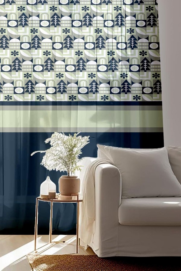 Yeşil Lacivert Ağarçlı Desenli Baskılı Dekoratif Salon Mutfak Tül Perde 140x260cm