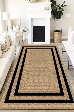 Dijital Kaymaz Kahverengi Jüt Görünümlü Siyah Çerçeveli Yıkanabilir Salon Halısı Halı Yolluk Dijital Kaymaz Kahverengi Jüt Görünümlü Siyah Çerçeveli Yıkanabilir Salon Halısı Halı Yolluk