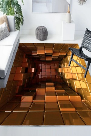 Sarı Kutulu Desenli Modern Kaymaz Yıkanabilir Mutfak Salon Halısı