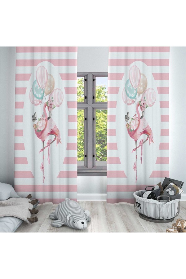 Pembe Beyaz Filamingo Desenli Dekoratif Çocuk Ve Bebek Odası Fon Perde Pembe Beyaz Filamingo Desenli Dekoratif Çocuk Ve Bebek Odası Fon Perde