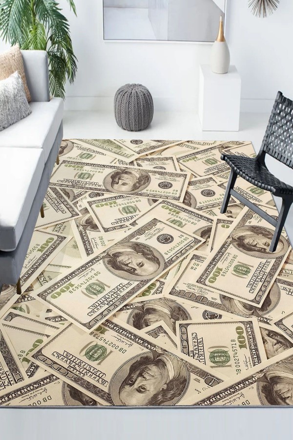 Dolarlar Paralı Desenli Modern Kaymaz Yıkanabilir Mutfak Salon Halısı