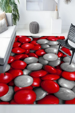 Gri Kırmızı Taşlar Desenli Modern Kaymaz Yıkanabilir Mutfak Salon Halısı