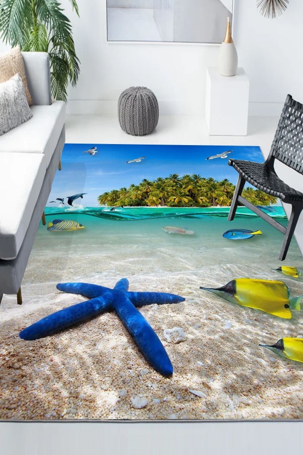 Tropikal Ada Desenli Modern Kaymaz Yıkanabilir Mutfak Salon Halısı