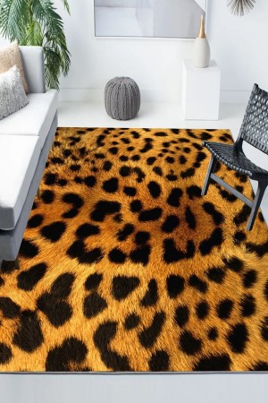 Siyah Sarı Leopar Desenli Modern Kaymaz Yıkanabilir Mutfak Salon Halısı
