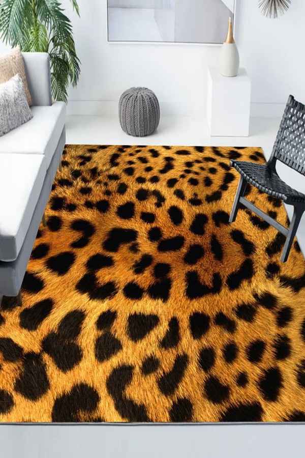Siyah Sarı Leopar Desenli Modern Kaymaz Yıkanabilir Mutfak Salon Halısı