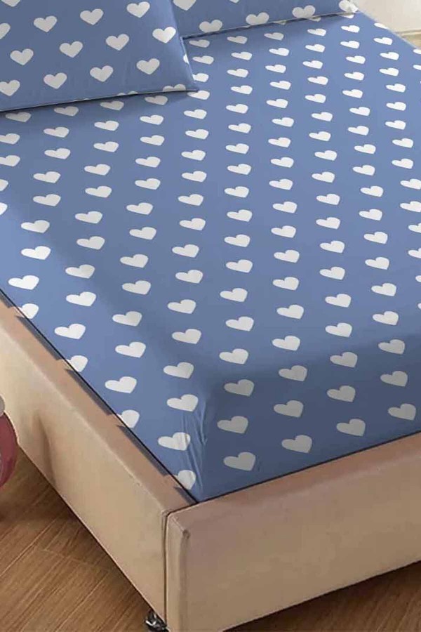 Else Mavi Beyaz Kalp Desenli Lastikli Çift Kişilik Lastikli Yastıklı Çarşaf Takımı 160x200cm