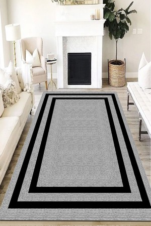 Dijital Kaymaz Gri Jüt Görünümlü Siyah Çerçeveli Yıkanabilir Salon Halısı Halı Yolluk