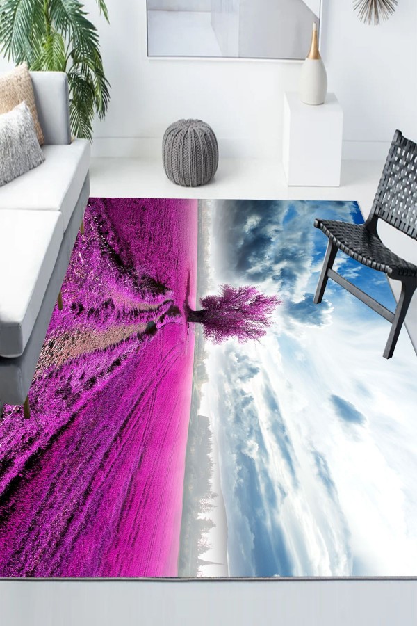 Pembe Lavanta Tarlası Desenli Modern Kaymaz Yıkanabilir Mutfak Salon Halısı Pembe Lavanta Tarlası Desenli Modern Kaymaz Yıkanabilir Mutfak Salon Halısı