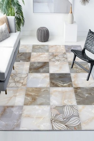Gri Kutu Mermer Desenli Modern Kaymaz Yıkanabilir Mutfak Salon Halısı