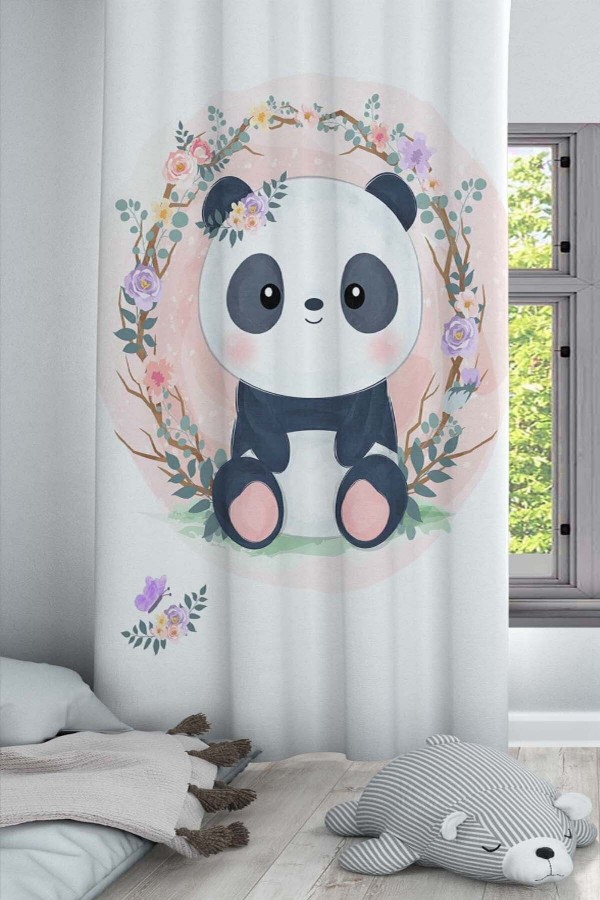 Pembe Çiçekli Panda Desenli Dekoratif Çocuk Ve Bebek Odası Fon Perde Pembe Çiçekli Panda Desenli Dekoratif Çocuk Ve Bebek Odası Fon Perde