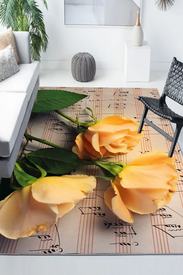 Sarı Gül Notalı Desenli Modern Kaymaz Yıkanabilir Mutfak Salon Halısı Sarı Gül Notalı Desenli Modern Kaymaz Yıkanabilir Mutfak Salon Halısı