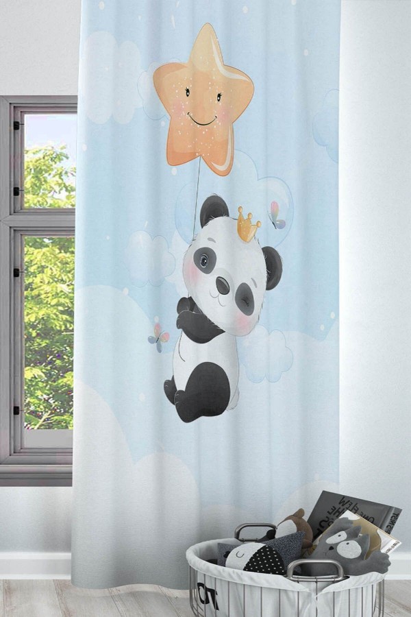 Yıldızlı Bulutlu Panda Desenli Dekoratif Çocuk Ve Bebek Odası Fon Perde Yıldızlı Bulutlu Panda Desenli Dekoratif Çocuk Ve Bebek Odası Fon Perde