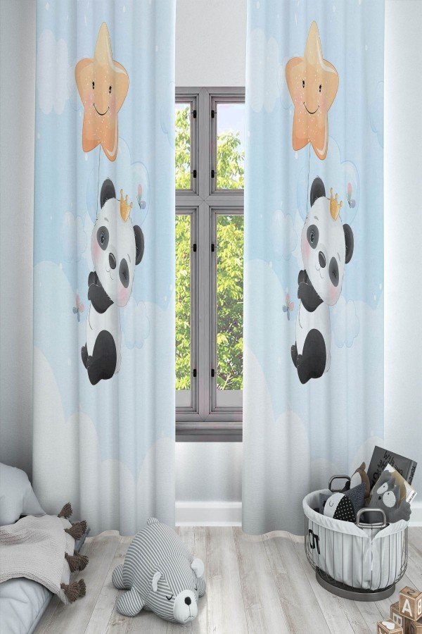Yıldızlı Bulutlu Panda Desenli Dekoratif Çocuk Ve Bebek Odası Fon Perde Yıldızlı Bulutlu Panda Desenli Dekoratif Çocuk Ve Bebek Odası Fon Perde