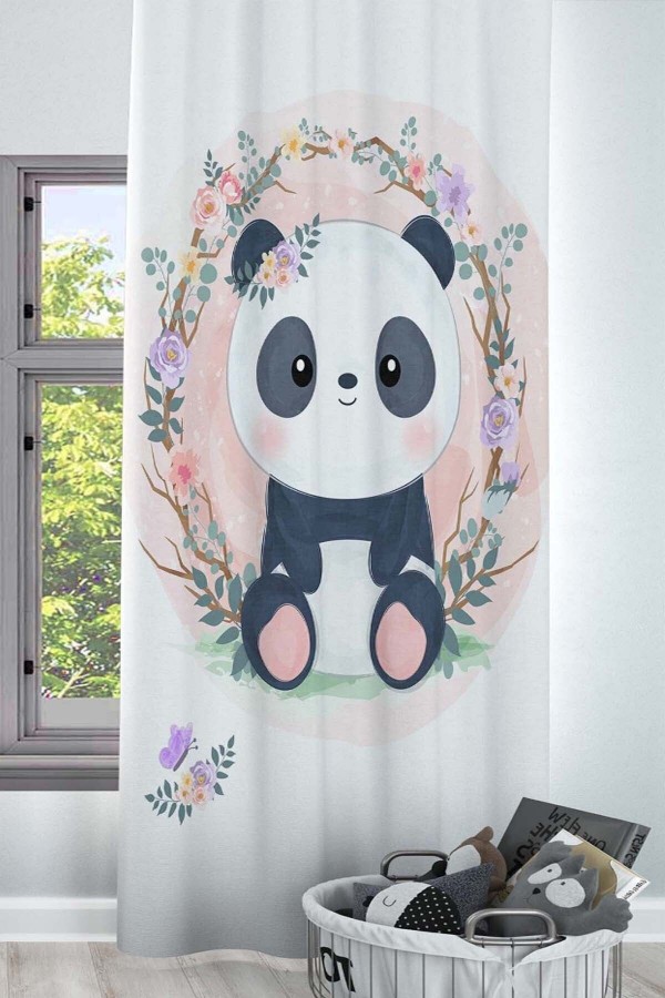 Pembe Çiçekli Panda Desenli Dekoratif Çocuk Ve Bebek Odası Fon Perde Pembe Çiçekli Panda Desenli Dekoratif Çocuk Ve Bebek Odası Fon Perde