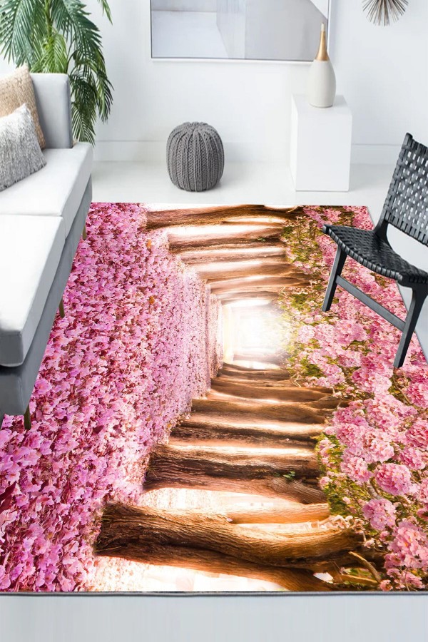 Pembe Aşk Yolu Desenli Modern Kaymaz Yıkanabilir Mutfak Salon Halısı